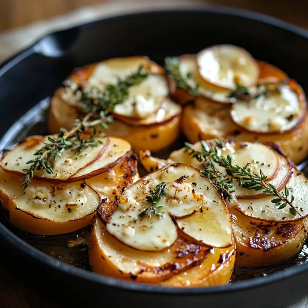 Süßkartoffelröllchen mit Ziegenkäse, Apfelscheiben und scharfem Honig